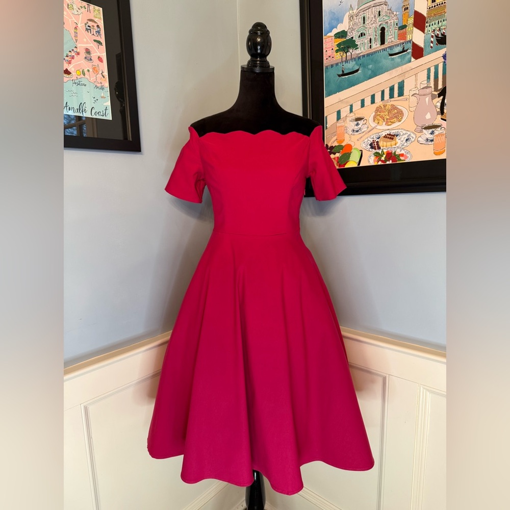 Retro Off Shoulder Scalloped Neck Short Sleeve Midi Swing Dress Magenta Sz L